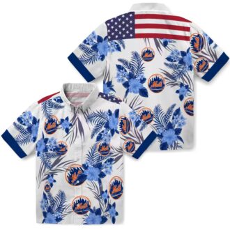 Men's New York Mets Hibiscus Hawaiian Shirt - Patriotic Floral Blue White MLB Summer Shirt