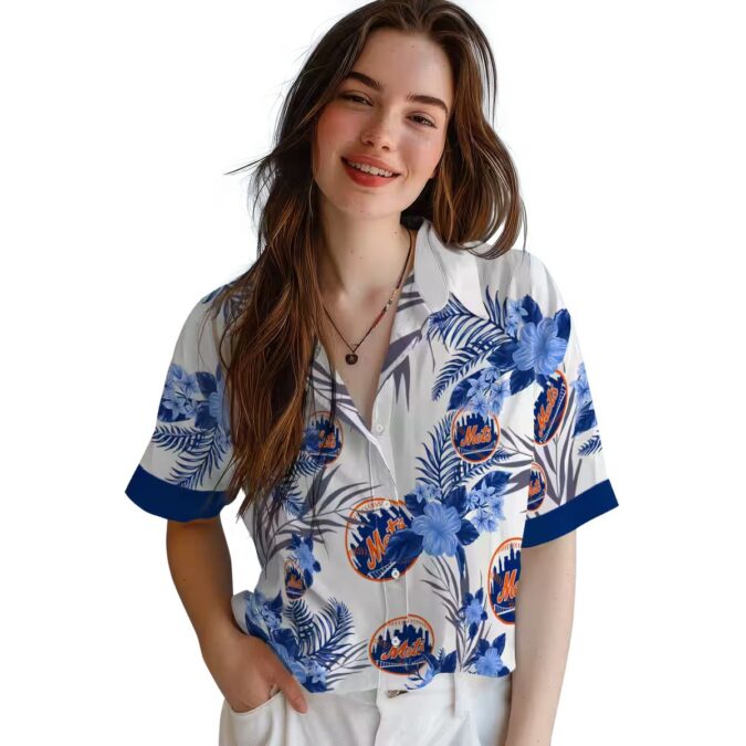 Men's New York Mets Hibiscus Hawaiian Shirt - Patriotic Floral Blue White MLB Summer Shirt
