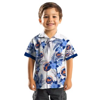 Men's New York Mets Hibiscus Hawaiian Shirt - Patriotic Floral Blue White MLB Summer Shirt