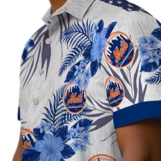 Men's New York Mets Hibiscus Hawaiian Shirt - Patriotic Floral Blue White MLB Summer Shirt