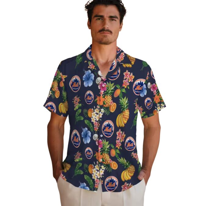 MLB New York Mets Hibiscus Hawaiian Shirt - Tropical Navy Blue Beach Shirt for Men, MLB Fan Gift