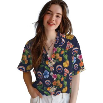 MLB New York Mets Hibiscus Hawaiian Shirt - Tropical Navy Blue Beach Shirt for Men, MLB Fan Gift