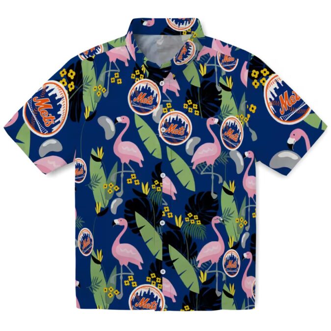 New York Mets Aloha Flamingo Leaves Blue Hawaiian Shirt - MLB Beachwear for Mets Fans