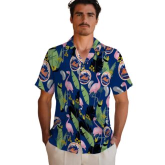 New York Mets Aloha Flamingo Leaves Blue Hawaiian Shirt - MLB Beachwear for Mets Fans