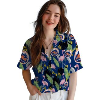 New York Mets Aloha Flamingo Leaves Blue Hawaiian Shirt - MLB Beachwear for Mets Fans