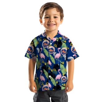 New York Mets Aloha Flamingo Leaves Blue Hawaiian Shirt - MLB Beachwear for Mets Fans