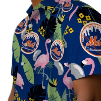New York Mets Aloha Flamingo Leaves Blue Hawaiian Shirt - MLB Beachwear for Mets Fans