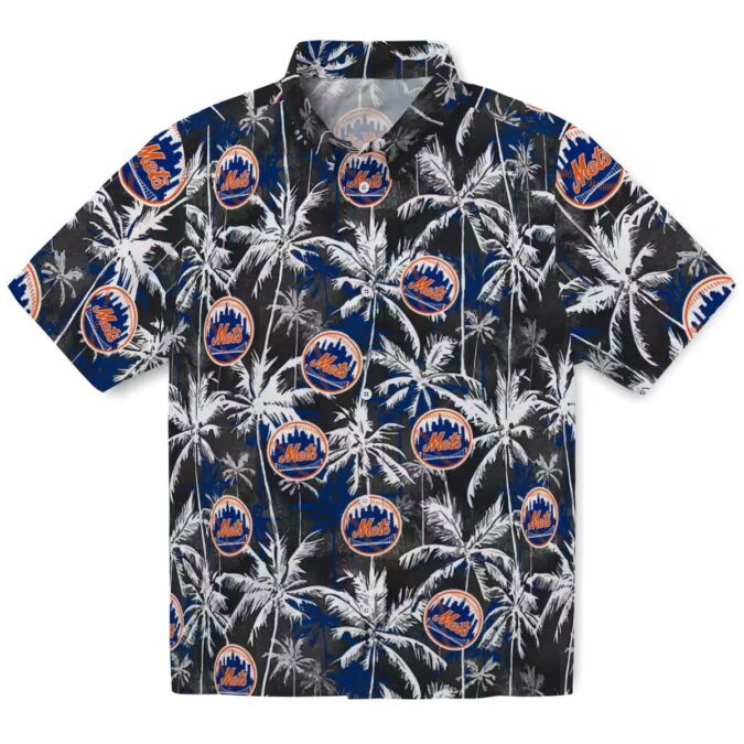 New York Mets Blue & Black Hawaiian Shirt - Tropical Palm Print Beach Shirt for MLB Fans