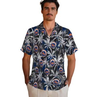 New York Mets Blue & Black Hawaiian Shirt - Tropical Palm Print Beach Shirt for MLB Fans