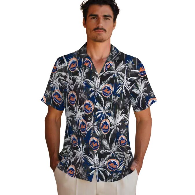 New York Mets Blue & Black Hawaiian Shirt - Tropical Palm Print Beach Shirt for MLB Fans