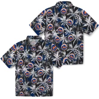 New York Mets Blue & Black Hawaiian Shirt - Tropical Palm Print Beach Shirt for MLB Fans