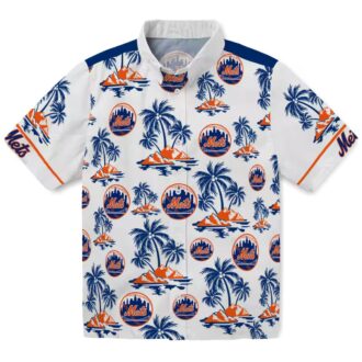 New York Mets Casual Hawaiian Shirt - Palm Island Print Blue & White for Summer Beach Vacation