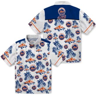 New York Mets Casual Hawaiian Shirt - Palm Island Print Blue & White for Summer Beach Vacation
