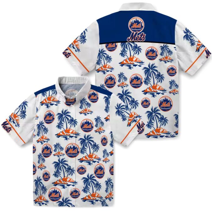 New York Mets Casual Hawaiian Shirt - Palm Island Print Blue & White for Summer Beach Vacation