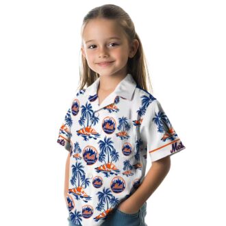 New York Mets Casual Hawaiian Shirt - Palm Island Print Blue & White for Summer Beach Vacation