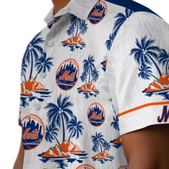 New York Mets Casual Hawaiian Shirt - Palm Island Print Blue & White for Summer Beach Vacation