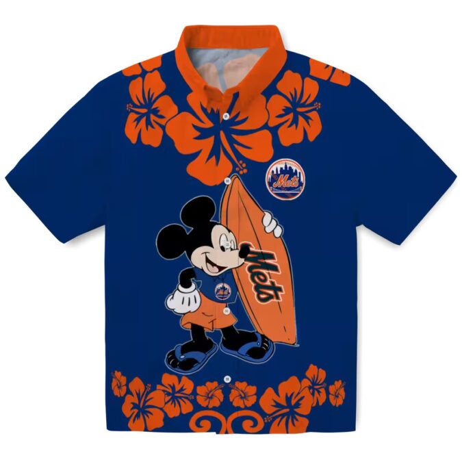 New York Mets Hawaiian Shirt with Surfing Mickey Design - Blue Beach Shirt for MLB Fans