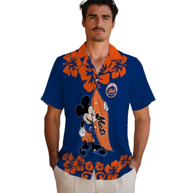 New York Mets Hawaiian Shirt with Surfing Mickey Design - Blue Beach Shirt for MLB Fans