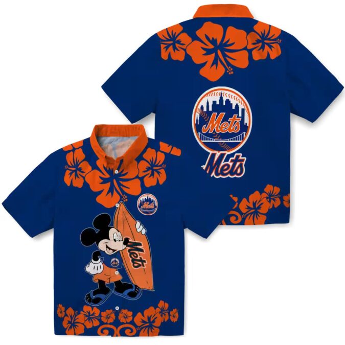 New York Mets Hawaiian Shirt with Surfing Mickey Design - Blue Beach Shirt for MLB Fans