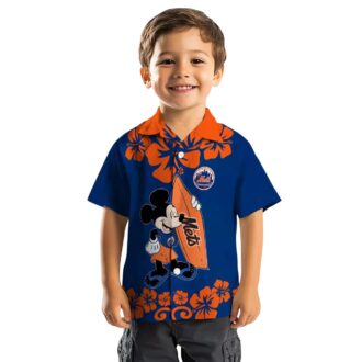 New York Mets Hawaiian Shirt with Surfing Mickey Design - Blue Beach Shirt for MLB Fans