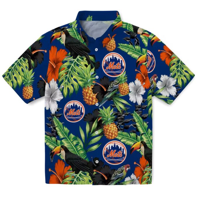 New York Mets Tropical Toucan Hibiscus Pineapple Hawaiian Shirt - MLB Fan Blue Green Summer Outfit