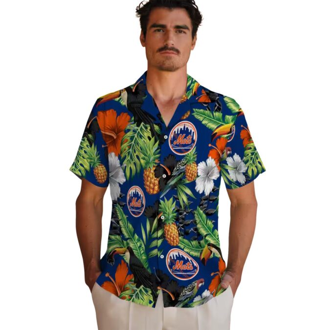 New York Mets Tropical Toucan Hibiscus Pineapple Hawaiian Shirt - MLB Fan Blue Green Summer Outfit