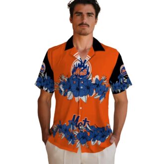 Shop New York Mets Hibiscus Stripe Hawaiian Shirt - Blue Black MLB Summer Aloha Shirt