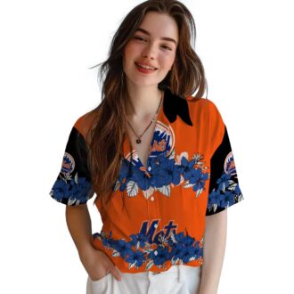 Shop New York Mets Hibiscus Stripe Hawaiian Shirt - Blue Black MLB Summer Aloha Shirt