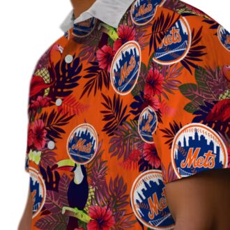 Trendy New York Mets Aloha Hawaiian Shirt - Tropical Floral Toucan Blue & Red Design
