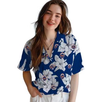 Tropical Hibiscus Blue & White New York Mets Hawaiian Shirt - Summer Baseball Fan Gear