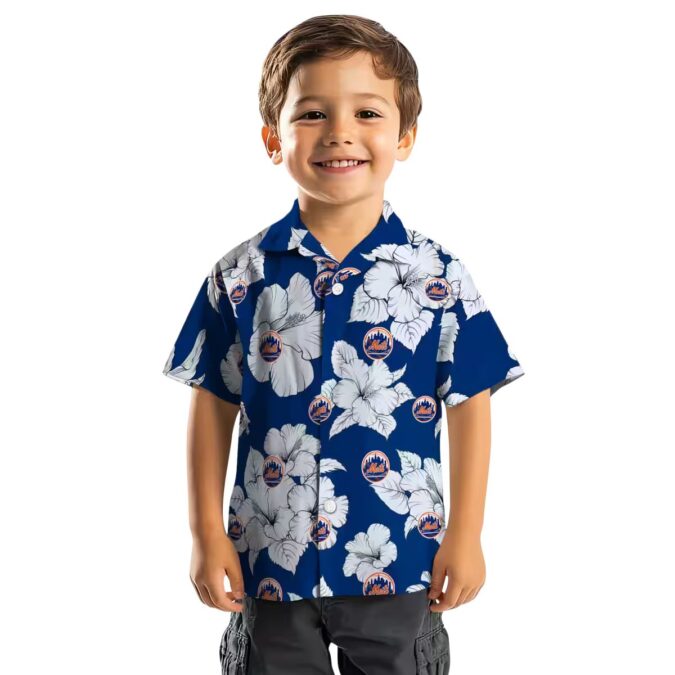 Tropical Hibiscus Blue & White New York Mets Hawaiian Shirt - Summer Baseball Fan Gear