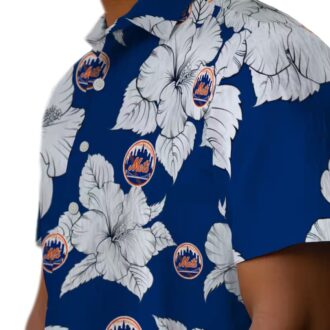 Tropical Hibiscus Blue & White New York Mets Hawaiian Shirt - Summer Baseball Fan Gear
