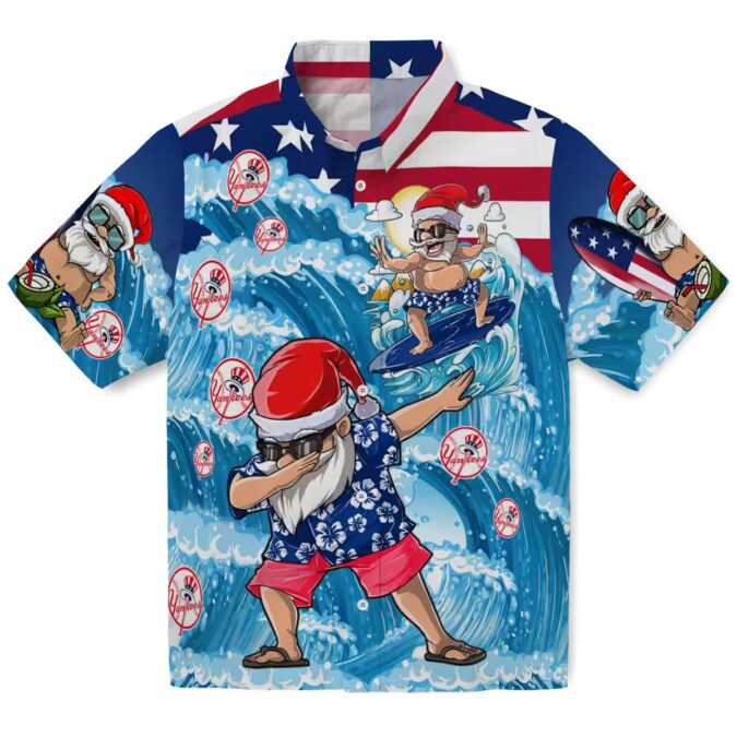 Funny Yankees Holiday Hawaiian Shirt - Blue Surfing Santa Christmas Beachwear