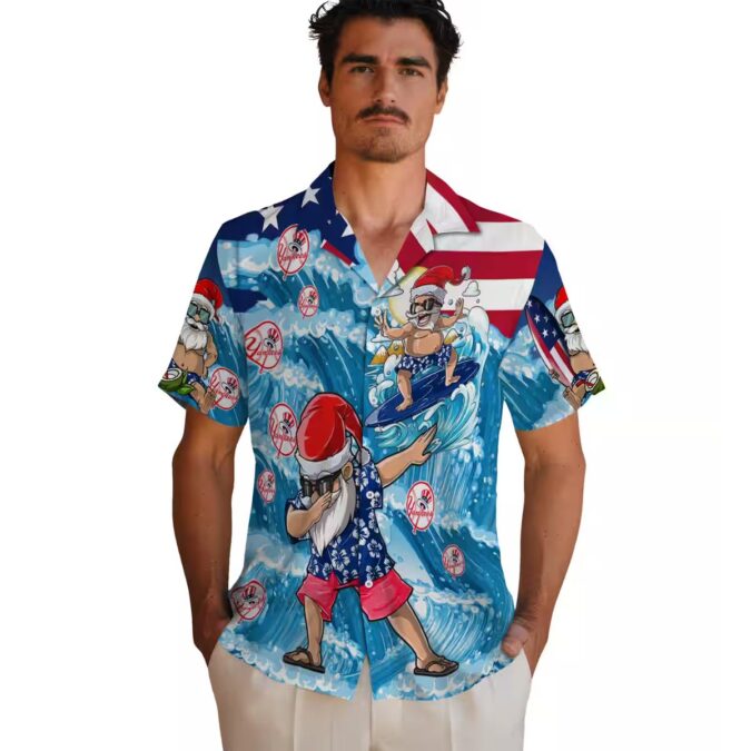 Funny Yankees Holiday Hawaiian Shirt - Blue Surfing Santa Christmas Beachwear