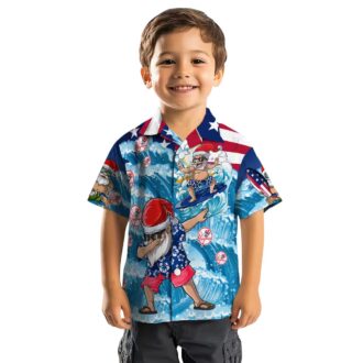 Funny Yankees Holiday Hawaiian Shirt - Blue Surfing Santa Christmas Beachwear
