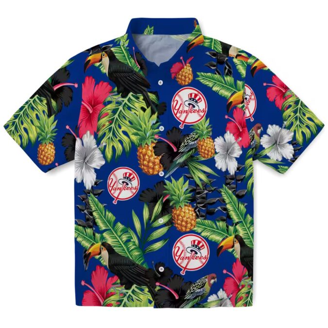 Men's Yankees Short Sleeve Hawaiian Shirt - Tropical Navy Green Toucan Design for Summer