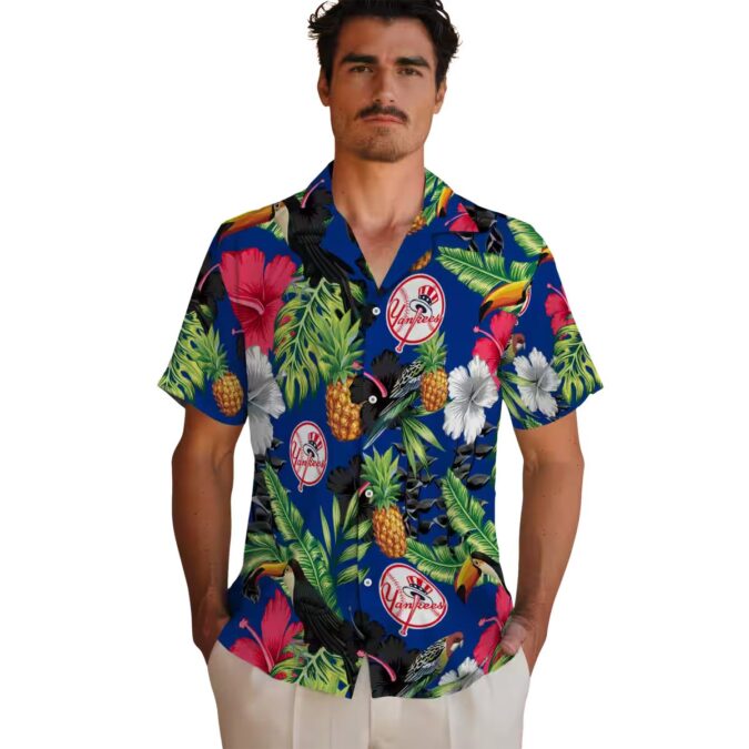 Men's Yankees Short Sleeve Hawaiian Shirt - Tropical Navy Green Toucan Design for Summer