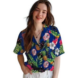 Men's Yankees Short Sleeve Hawaiian Shirt - Tropical Navy Green Toucan Design for Summer