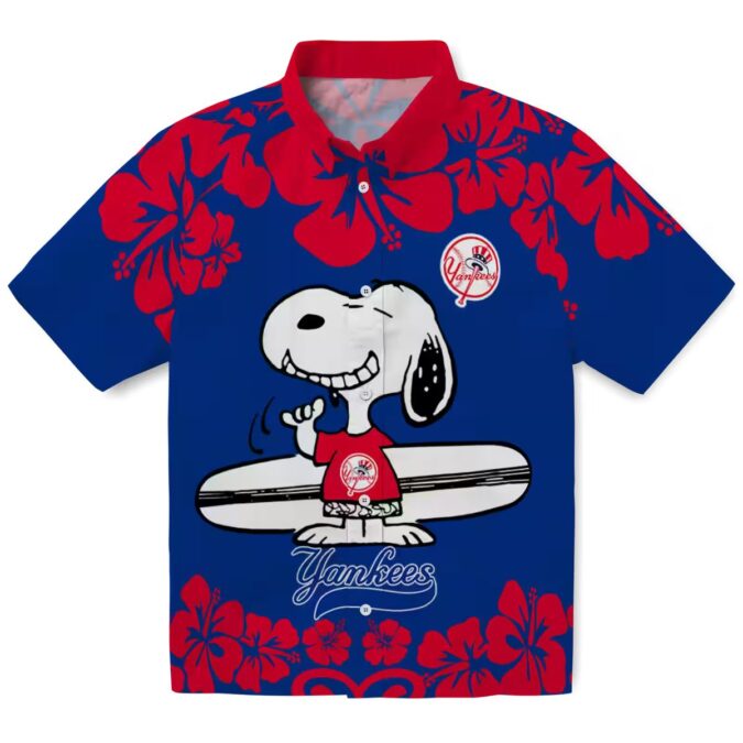 MLB New York Yankees Aloha Summer Shirt - Snoopy Surf Design, Navy White Tropical Style