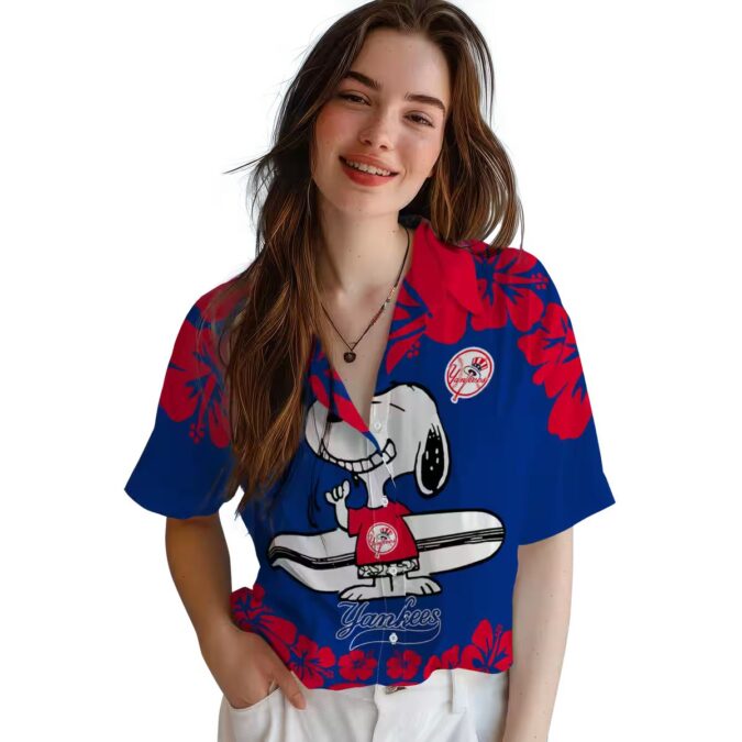 MLB New York Yankees Aloha Summer Shirt - Snoopy Surf Design, Navy White Tropical Style