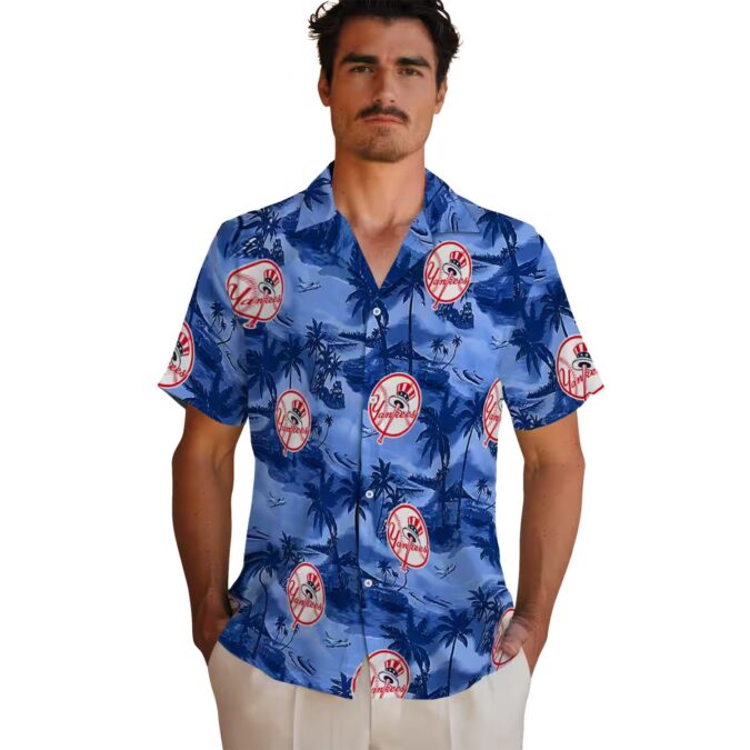MLB New York Yankees Beach Button Up Shirt - Coastal Palms Navy Hawaiian Style
