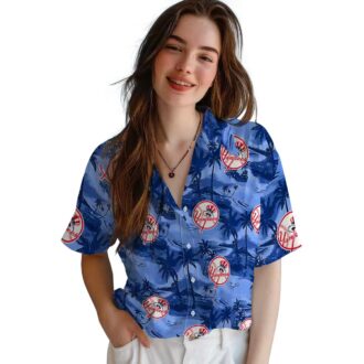 MLB New York Yankees Beach Button Up Shirt - Coastal Palms Navy Hawaiian Style