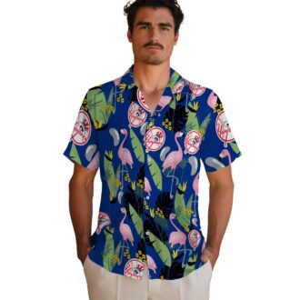 MLB Yankees Tropical Flamingo Short Sleeve Shirt - Navy Hawaiian Style for Baseball Fans
