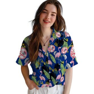 MLB Yankees Tropical Flamingo Short Sleeve Shirt - Navy Hawaiian Style for Baseball Fans
