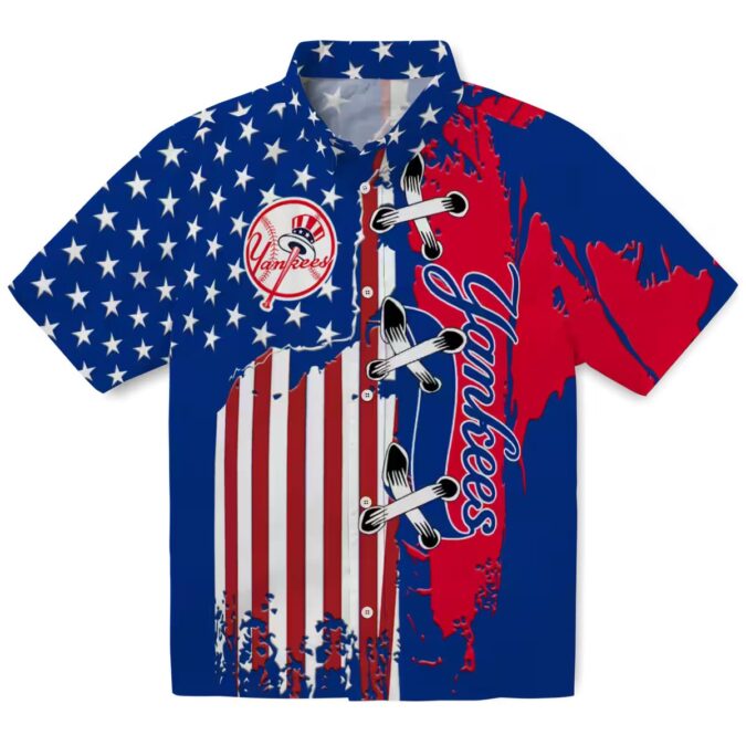 New York Yankees MLB Summer Shirt - Navy Hawaiian Button-Up with Flag Design
