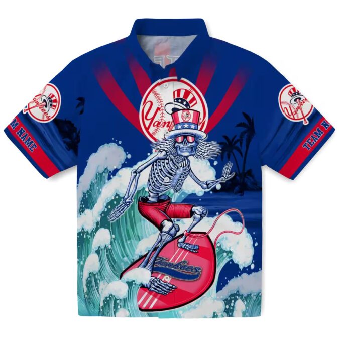 New York Yankees Surfing Skeleton Hawaiian Shirt - Navy Blue Summer MLB Fan Gear