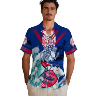 New York Yankees Surfing Skeleton Hawaiian Shirt - Navy Blue Summer MLB Fan Gear