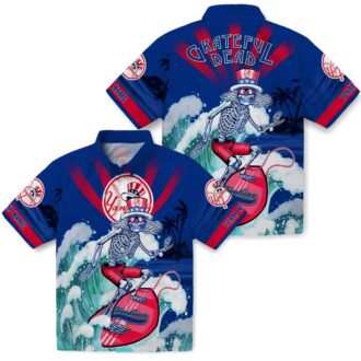 New York Yankees Surfing Skeleton Hawaiian Shirt - Navy Blue Summer MLB Fan Gear