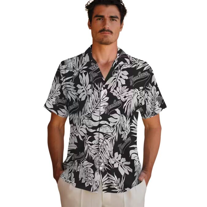 Official Yankees Monstera Leaf Hawaiian Shirt - Black Floral MLB Fan Gift