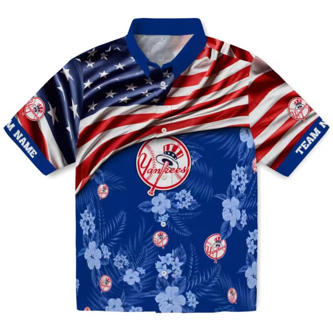 Personalized Yankees Navy Hawaiian Shirt - US Flag Floral Summer Gift
